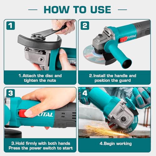 Image of TOTAL Professional Angle Grinder Machine, 900W 125mm /5'' Disc Angle Grinder | 5000-11000 RPM Variable Speed, Copper Winding Motor, M14 Spindle, Lock-On Switch & Side Handle for Cutting and Grinding