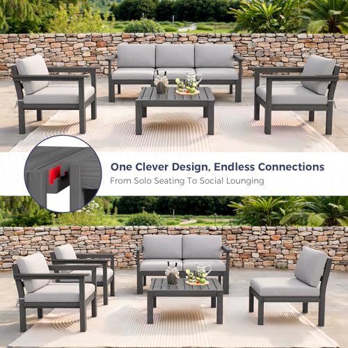 Image of Modular Outdoor Patio Conversation Set, 6-Piece HIPS Sectional Sofa with Coffee Table & Thick Cushions- Side Interlock & Detachable Armrest, All-Weather Patio Furniture Set for Backyard,Deck,Poolside