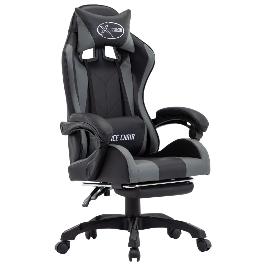 Gaming-Stuhl mit Fußstütze Kunstleder Grau Schwarz ergonomische Rückenlehne Armlehne Kopfstütze Lendenstütze höhenverstellbar drehbar mit Rollen für Homeoffice Arbeitszimmer Komfort