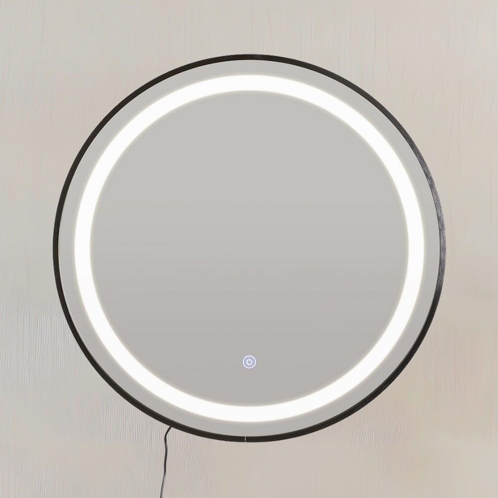 LOLAhome Espejo de Pared Redondo Marco Negro con luz LED Blanca de 60 cm