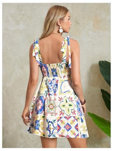 MakeMeChic Women's Summer Floral Mini Dress Shirred Tie Shoulder Sleeveless A Line Short Cami Sundresses2
