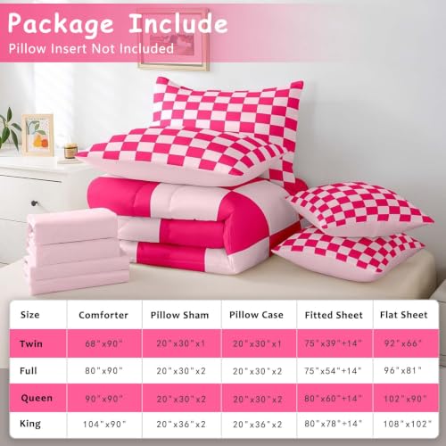 Image of Feelyou Checkered 7 Piece Bedding Set Teen Women Boho Modern Cute Aesthetic Decorative Girly Comforter Set with Sheets Full Size Kids Boys Geometric Chic Bed in a Bag Pink White Plaid Room Decor