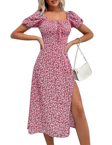 Image of SPRIME Women's Floral Summer Casual Dress Square Neck Puff Sleeve Boho Midi Dresses Ruched Bust High Waist Split Long Dress