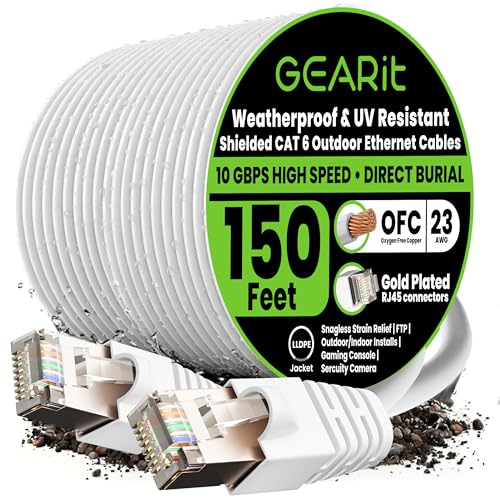 Image of GEARit Cat6 Outdoor Ethernet Cable (150ft) 23AWG Pure Copper, FTP, LLDPE, Waterproof, Direct Burial, In-Ground, UV Resistant, POE, Network, LAN, Internet, Cat 6, Cat6 Cable - 150 Feet