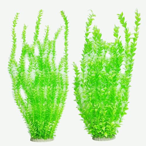 Image of 2 Pcs 24 Inch Tall Aquarium Plants, Adjustable Plastic Fish Tank Decor with Detachable Leaves, Artificial Background Greenery for 20-55 Gallon Tanks(Light Green(Style A))