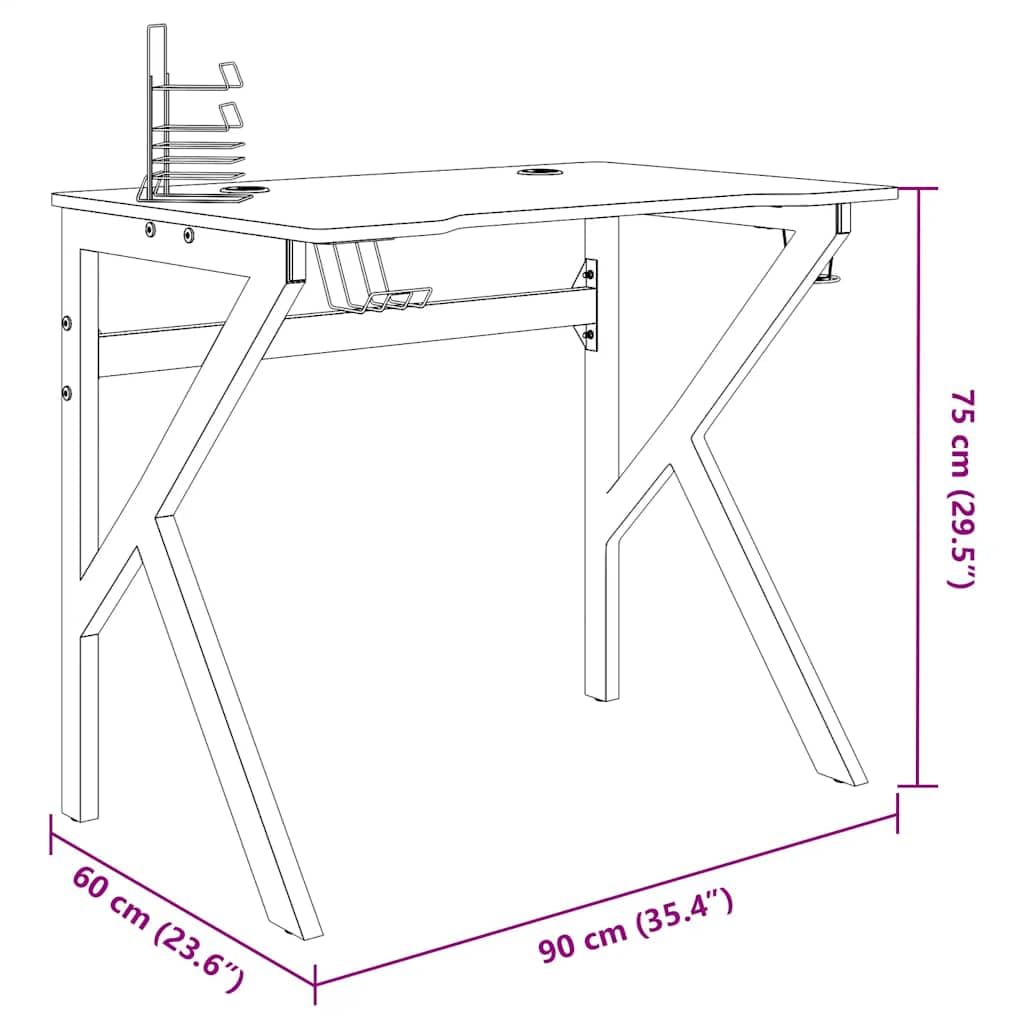 Gaming-Schreibtisch Schwarz mit K-Gestell 90x60x75 cm, ergonomisch für Computer, Arbeit, Laptop, PC, Stehpult, Homeoffice, mit Ablage, Kabelmanagement und Becherhalter