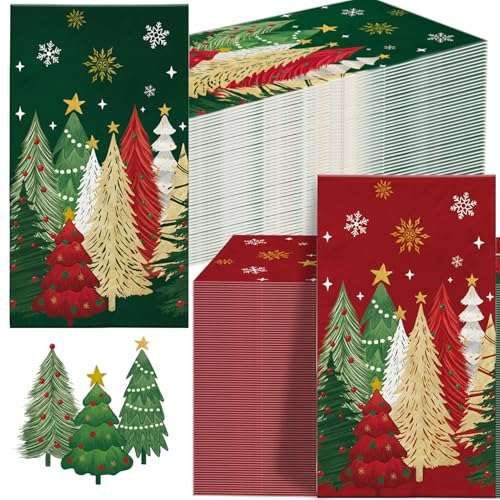 100 Christmas Guest Napkins Snowflake & Tree Disposable Paper Christmas Cocktail Guest Hand Towel for Xmas Party Table Dinner Kitchen Bathroom