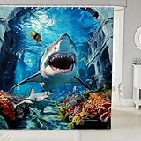 Photo Gallery feelingyou set di tende da doccia con squali, motivo oceano 3d, tende da bagno per bambini, decorazione con bancarelle sottomarine, tenda da doccia con corallo, blu, verde, grigio, tende impermeabili Photo Gallery feelingyou set di tende da doccia con squali, motivo oceano 3d, tende da bagno per bambini, decorazione con bancarelle sottomarine, tenda da doccia con corallo, blu, verde, grigio, tende impermeabili