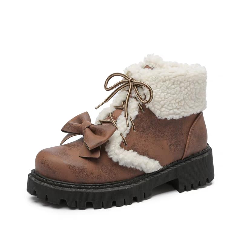 SEIFIN Women Cute Lolita Boots Lace-up Combat Boots Ankle Booties for Women Bow Chunky Low Heel Round Toe
