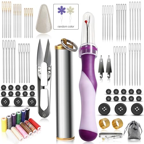 zrsdto 100Pcs Big Eye Steel Sewing Needles Kit Stainless Steel for Hand Sewing with Seam Ripper Needle Threaders Shatterproof Steel Case Buttons Ruler for Beginner Traveler Repair DIY