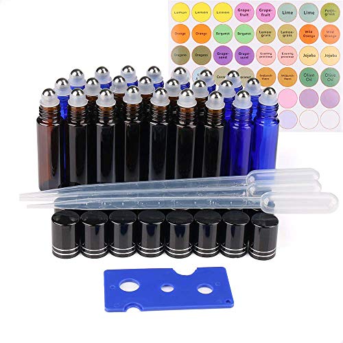 24 Pack Glass Roller Bottles 10ml Essential Oil Roller Bottles with Stainless Steel Roller Balls (3 Dropper, 1 Bottle Sticker, 1 Opener)