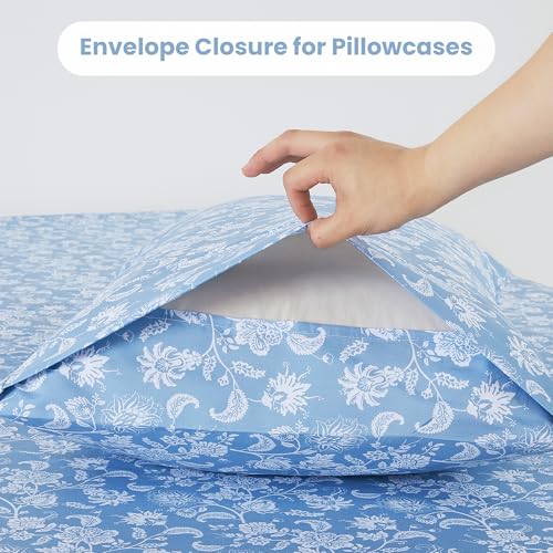Image of Mooreeke Cozy Vintage Microfiber Printed Twin Sheet Set - Soft & Breathable Blue Paisley Bed Sheets with Extra Deep Pocket - Non-Slip Fitted Design - Blue Flower Pattern - Twin