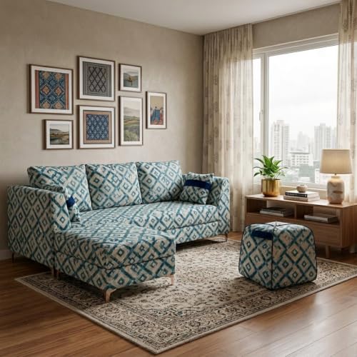Image of FURNY Signature Cresta 5-Seater L-Shape Sofa Set with Movable Ottoman & Suri Pouf | Flexible LHS /RHS Layout | Tapestry Fabric | 40D Foam + Zigzag Spring | 3-Yr Warranty (Lagoon Mosaic Blue)