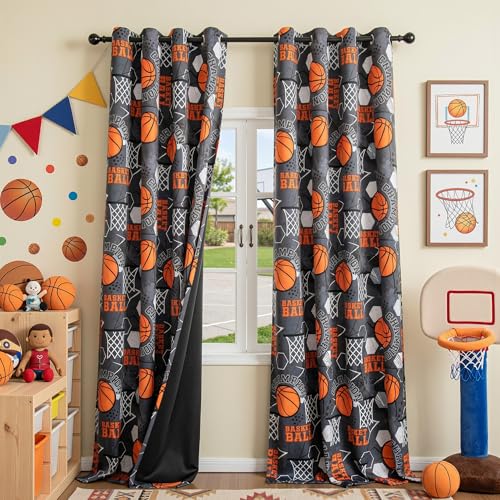 Image of MYSKY HOME Boys Blackout Curtains 96 Inch Long 95% Light Blocking Thermal Insulated Grommet Window Treatments with Sport Basketball Printed for Kids Bedroom Playroom, W52, 2 Pcs, Black and Orange