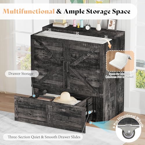 Image of AMERLIFE Twin Murphy Bed Cabinet with Charging Station and Storage Drawer, Farmhouse Foldable Platform Bed for Home Office, Apartment, Small Spaces, Black Oak