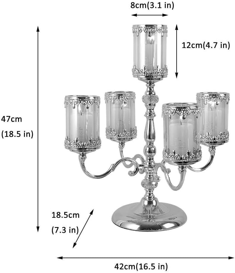 Candelabra Metal Candle Holder with Glass Cups, Antique Bronze 5-Arm Decorative Candle Stand for Weddings Home Décor