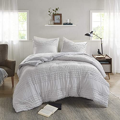 Comfort Spaces 100% Comforter Set Cotton Jacquard Pom Tufts Design Hypoallergenic Down Alternative, All Season Modern Bedding, Matching Shams, Twin/Twin Xl, Phillips, Grey #TOP1