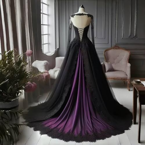 TRHTX A-line Lace Gothic Wedding Dresses for Bride Long Sleeve Black Bridal Gowns Applique V Neck Wedding Gowns with Train2