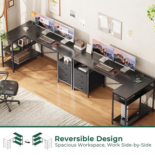 Huuger L Shaped Office Desk with Power Outlets, 55 Inch Computer Desk with 3 Drawers, Shelves, Reverisble for Gaming Corner Work Home Office Study, Black