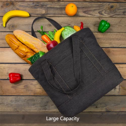 Image of TOPDesign 1-Pack Canvas Tote Bag with an External Pocket, Reusable Grocery Shopping Bag, Top Zipper Closure, Daily Essentials (Washed Black Denim)