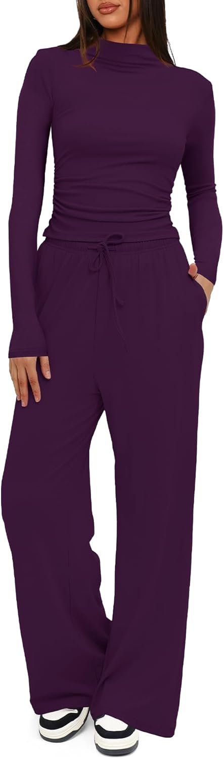 Darong Women's 2 Piece Outfits Lounge Sets Long Sleeve Mock Neck Tops High Wasited Wide Leg Pants Tracksuit Sets - Image 4