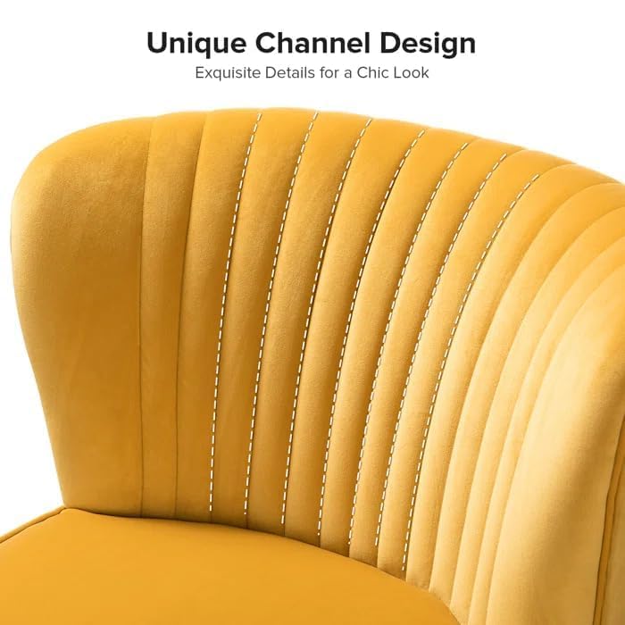 Image of Modern Upholstered Accent Velvet Chair Single Seater Channel Tufted Wing Back Chair with Golden Matel Legs for Living Room, Bedroom, Dining Room, Mustard