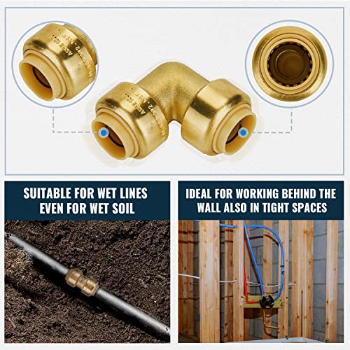Image of SUNGATOR 15-Pack Plumbing Fitting 1 /2 inch, Pushfit Elbow (10 PCS), Tee (5 PCS) | Brass Pex Fittings, Push-to-Connect, for Pex Pipe, Copper, CPVC, PE-RT, with 1 Disconnect Clip