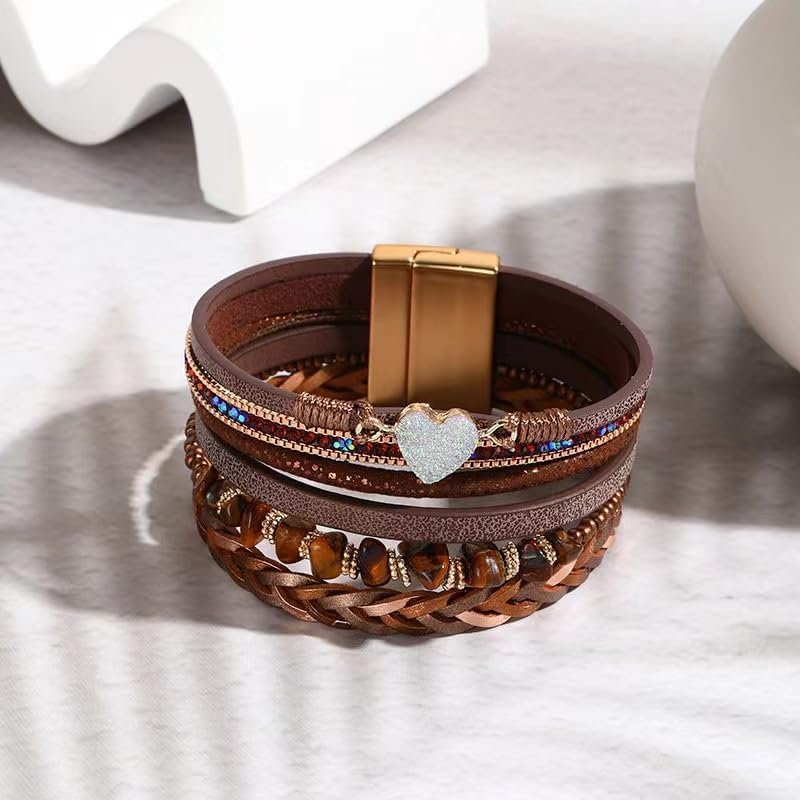 KunBead Sparkly Heart Leather Wrap Bracelets for Women Handmade Braided Boho Multilayer Bracelet Wristband Cuff Bangle Boho Bohemian - Image 2