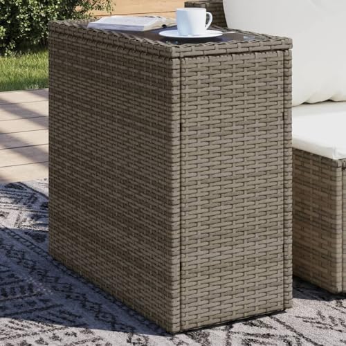 Homgoday Garten-Beistelltisch mit Glasplatte Grau 58x27,5x55 cm Rattan...