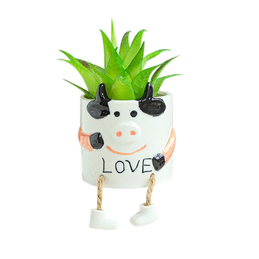 DIYOMRCeramic Cow Planter, Cute Cartoon Smooth Glazed Flower Plant Pots Drainage Hole Small Succulent Pots for Mini Flower Planters Cactus, Plants Not Include (Cow)