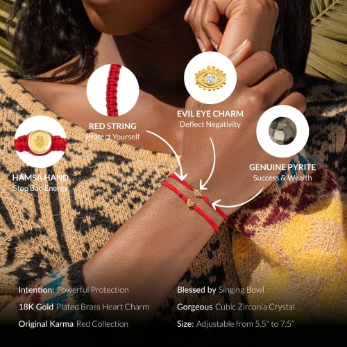 Karma And Luck - Powerful Protection - Women's Multicultural Evil Eye Gold Plated Charm Adjustable Drawstring Closure Red String Bracelet With Real Hematite Stone Handmade With Love In Bali #TOP1