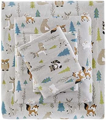 True North by Sleep Philosophy Cozy Flannel Warm 100% Cotton Sheet - Novelty Print Animals Stars Cute Ultra Soft Cold Weather Bedding Set, King, Multi Forest Animals 4 Piece