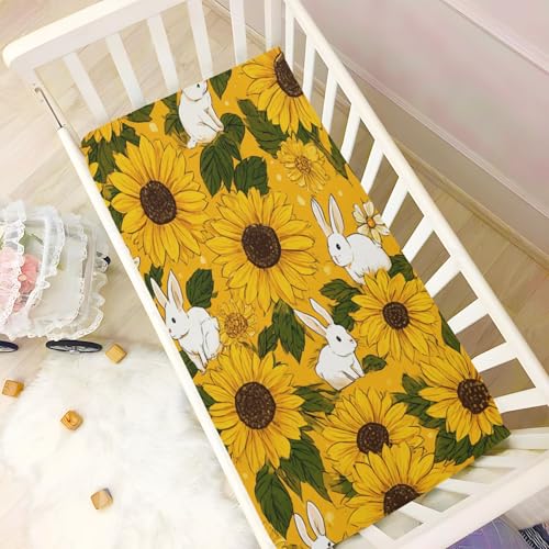 Image of Crib Sheet Breathable Soft Crib Mattress Sheet for Baby Toddler Boys Girls Fitted Crib Sheet Fit Standard Crib Mattress 39 x 27 Inch Autumn Sunflower and Cute Rabbit