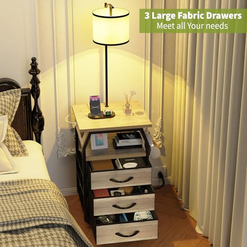 Image of runjuly Floor Lamp with Table Set 2, End Table with Light & Charging Greige