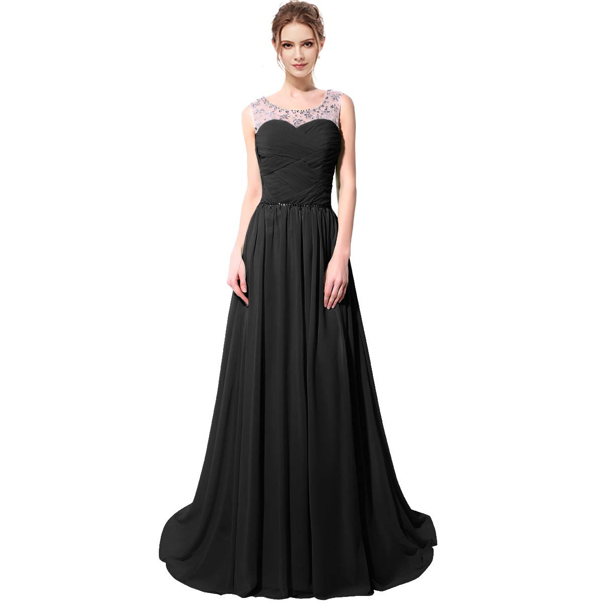SarahbridalWomen's Chiffon Prom Evening Dresses Long 2020 Beaded Crsystal Bridesmaid Gowns Black US2