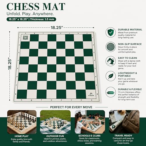 Image of Vinson Tournament Chess Set for Adults & Kids | 18.25 x 18.25 Inch Foldable Vinyl Board with Solid Plastic Chess Pieces, 2 Extra Queens & Zipper Storage Bag | Professional Portable Game Set (Green)