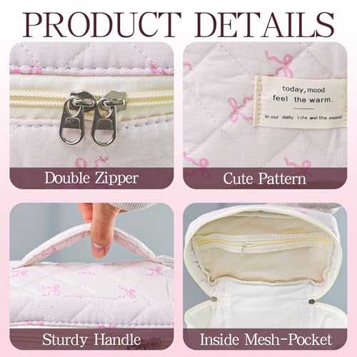 3Pcs Quilted Makeup Bag, Cute Floral Cotton Cosmetic Bag set, Coquette Bow Makeup Pouch Large Travel Toiletry Bag3