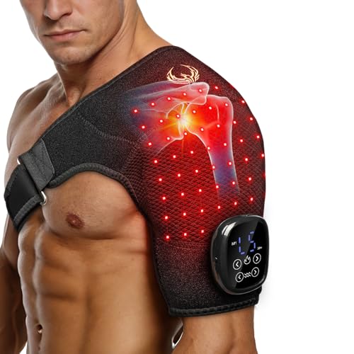 Seenew Red Light Therapy for Shoulder with Heat Massage Portable Heated Shoulder Pad with Rechargeable Controller Red Light Therapy Wrap with 216 Beads 660nm & 850nm for Men and Women