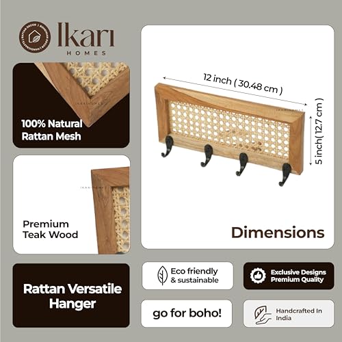Image of Ikari Homes Handmade Rattan Key Holder for Wall - Solid Wood & Cane Key Hanger Rack, Boho Wall Mounted Key Organizer for Entryway, Living Room, Bedroom & Home Decor