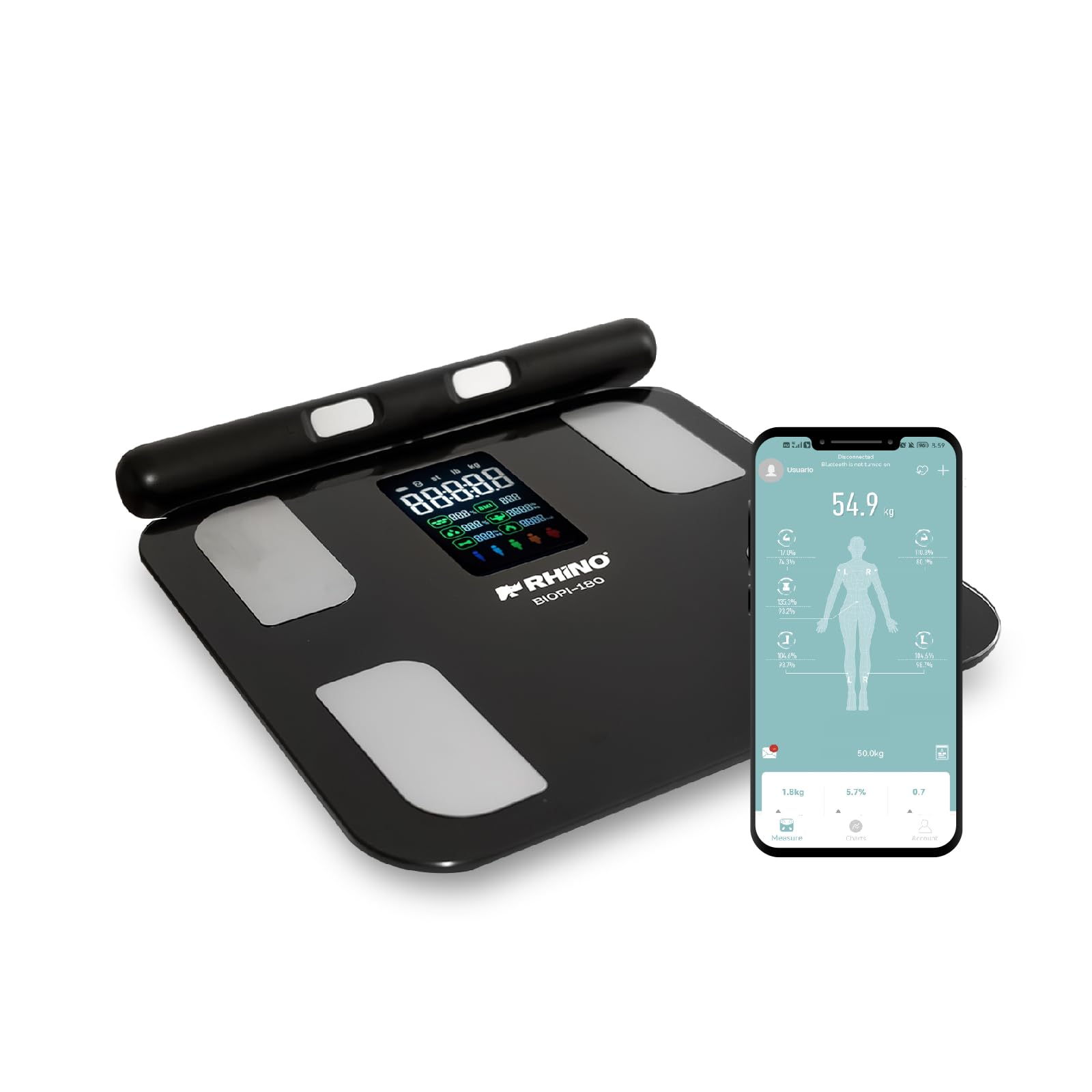 RHINO, Báscula Digital Corporal con 8 Electrodos, 180kg / 100g. Para Medición Corporal, Conectividad Bluetooth, App Fitdays, Batería Recargable USB, Multiusuario, BIOPI-180