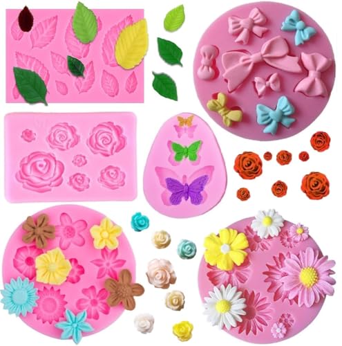 Flower Fondant Silicone Molds Leaf Bow Bowknot Daisy Butterfly Cake Candy Mould for Cake Decoration Chocolate Fudge Polymer Clay Soap Resin Confectionery Projects