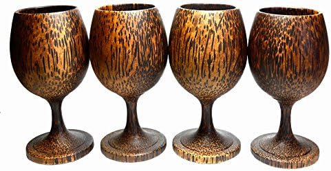 Set 4 Handmade Wooden Wine Glass Glasses (Palm Wood) - A