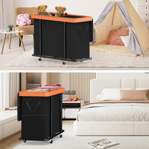 Image of 300L Large Fashion Laundry Basket with Wheels, Leather Patchwork Rolling Hamper Carts, Sturdy Metal Frame, Removable Washable Bag, Tall Clothes Sorter for Bedroom (Black, 4 Section-300L)
