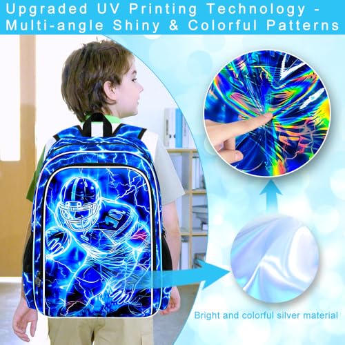Image of 17 inch Football Backpack for Boy, 3Pcs Lightning Bookbag for Elementary Preschool Kindergarten, Kids School Backpacks with Lunch Box (Blue)