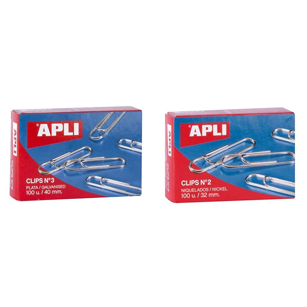 APLI 11715 - Clips galvanizados nº3 40 mm 100 u. + 11711 - Clips niquelados nº2 32 mm 100 u.