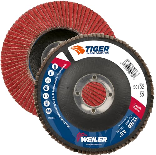 Image of Weiler 50132 Saber Tooth 7 /8 inch Arbor, 4-1 /2 inch Diameter, 80 Grit, Ceramic, Phenolic Backing, Flat High Density Abrasive Flap Disc