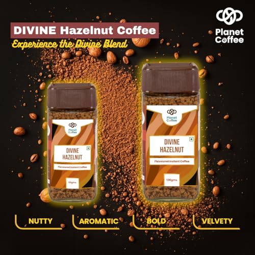 Image of Planet Coffee | DIVINE Hazelnut Coffee | 100 Gms Jar | Pure Arabica | Freeze-Dried Instant Coffee | No Added Sugar | Makes 50 Cups | Medium Roast | Flavoured Coffee