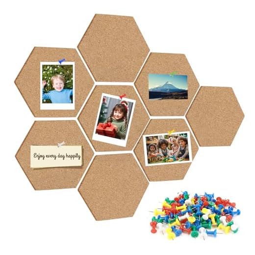 Royouzi 8 Piezas Corcho Pared Autoadhesivo Tablero De Corcho HexáGono Pizarra De Corcho Con 64 Chinchetas Para Colgar Fotos, Tablones De Anuncios, DecoracióN Del Hogar Y Notas De Oficina