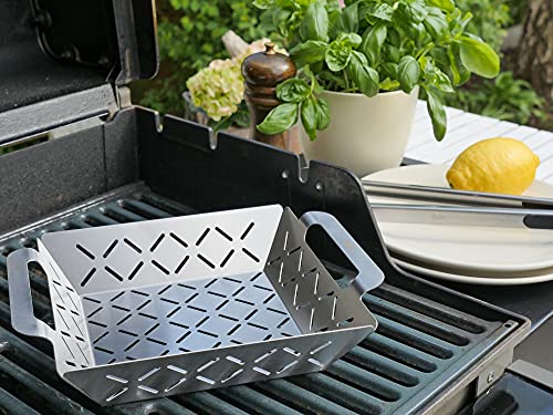 Steuber Premium Line Edelstahl Grillkorb groß 35 x 29,5 x 6,5 cm, Grill-Schale, Ersatz für Aluminium Schalen