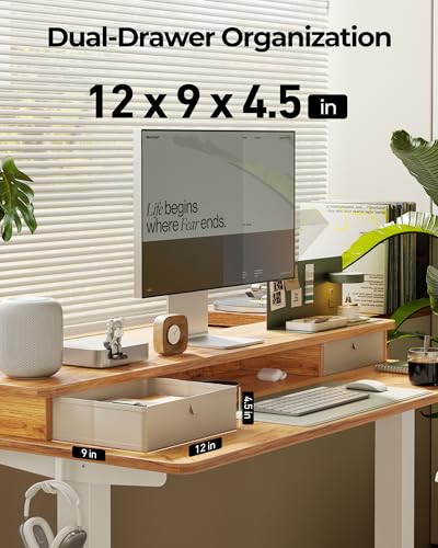 Image of FEZIBO 55 x 24 Inch Height Adjustable Electric Standing Desk with Double Drawer, Stand up Desk, Home Office Computer Workstation with 4 Height-Adjustable Feets & 2 Hooks, Light Rustic